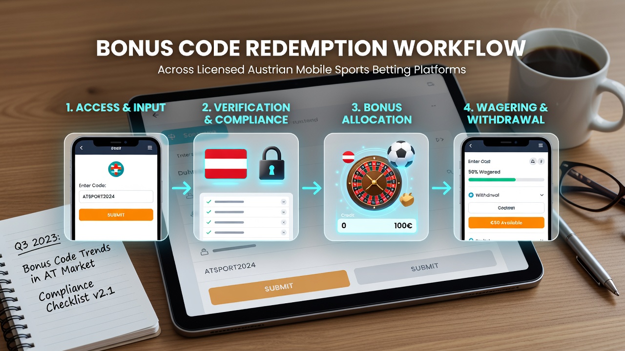 Flowchart diagram of bonus code redemption steps on Austrian betting platforms including verification checkpoints